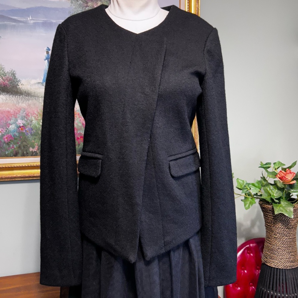 Ann Taylor Loft Black Wool Mix Asymmetrical Hidden Snap Zip Sleeve Jacket